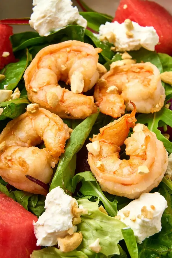 Shrimp salad with watermelon and feta