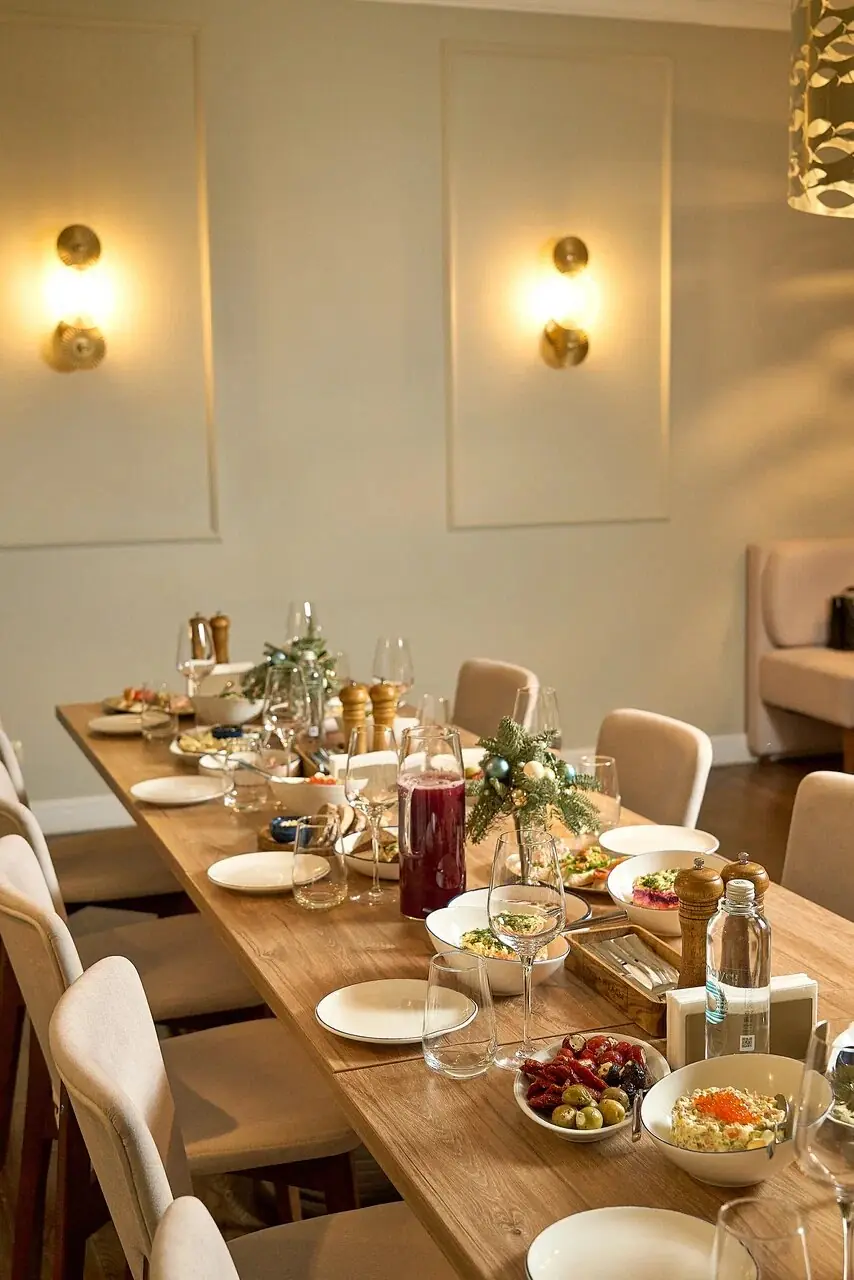 An empty dining room after close, tables set for tomorrow